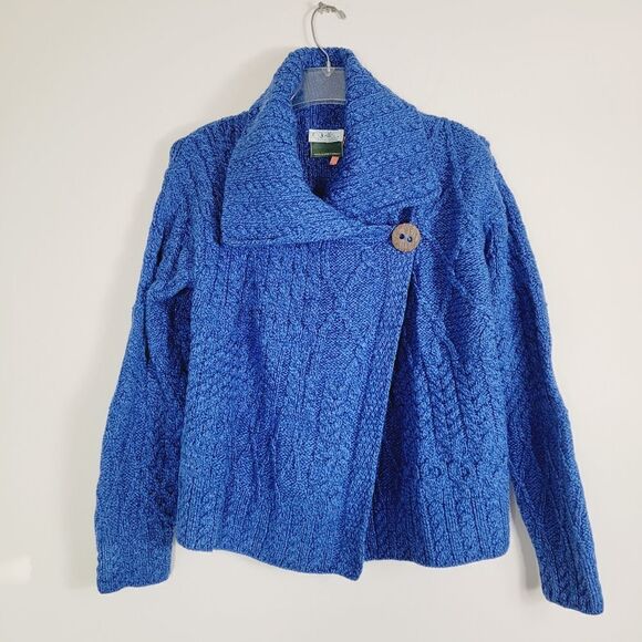 Quills Ireland Aran Knit Wool Side Blue Button Cardigan Size Small - Picture 2 of 7